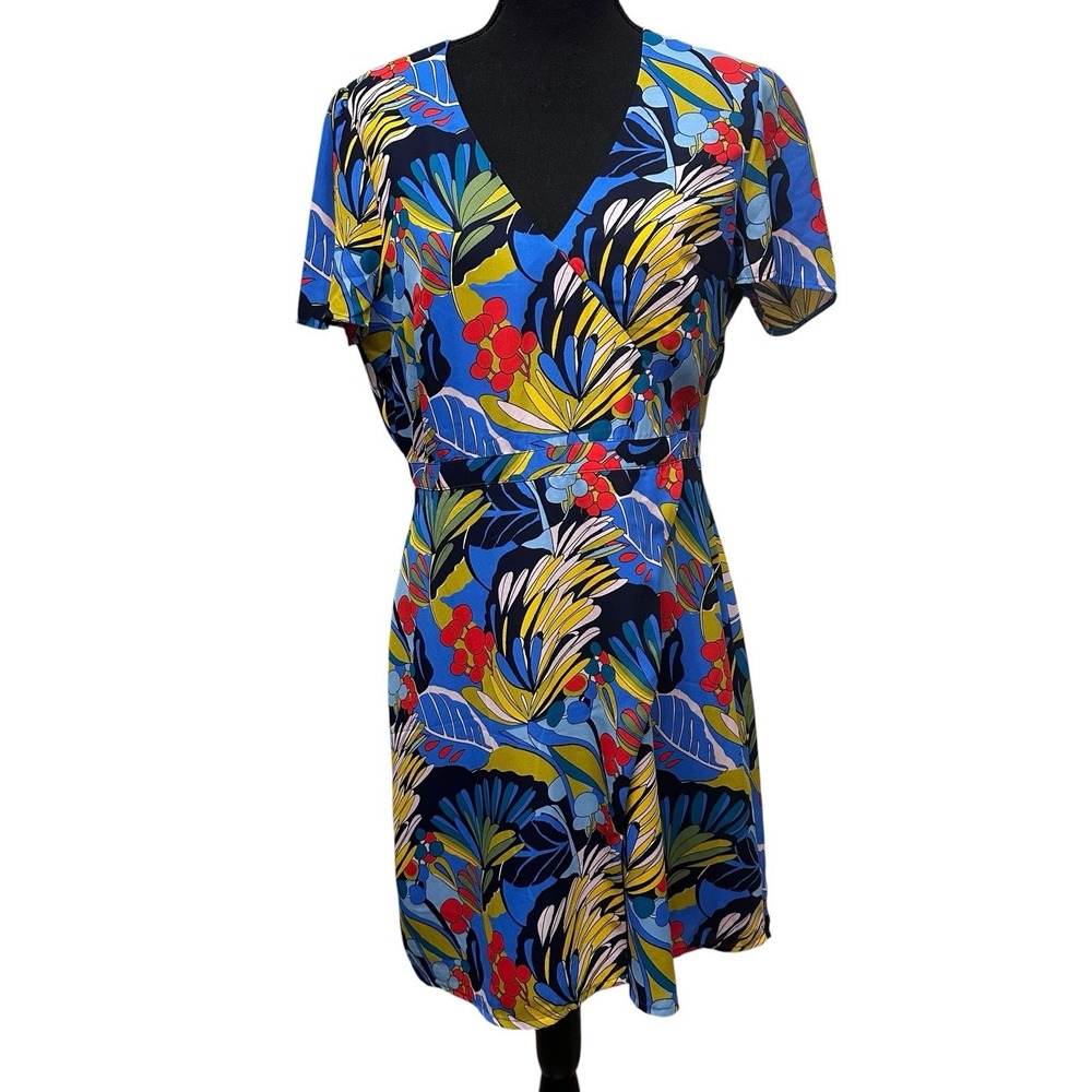 J CREW Mercantile Faux Wrap Dress Floral Print Sz 10 Short Sleeve Office Work